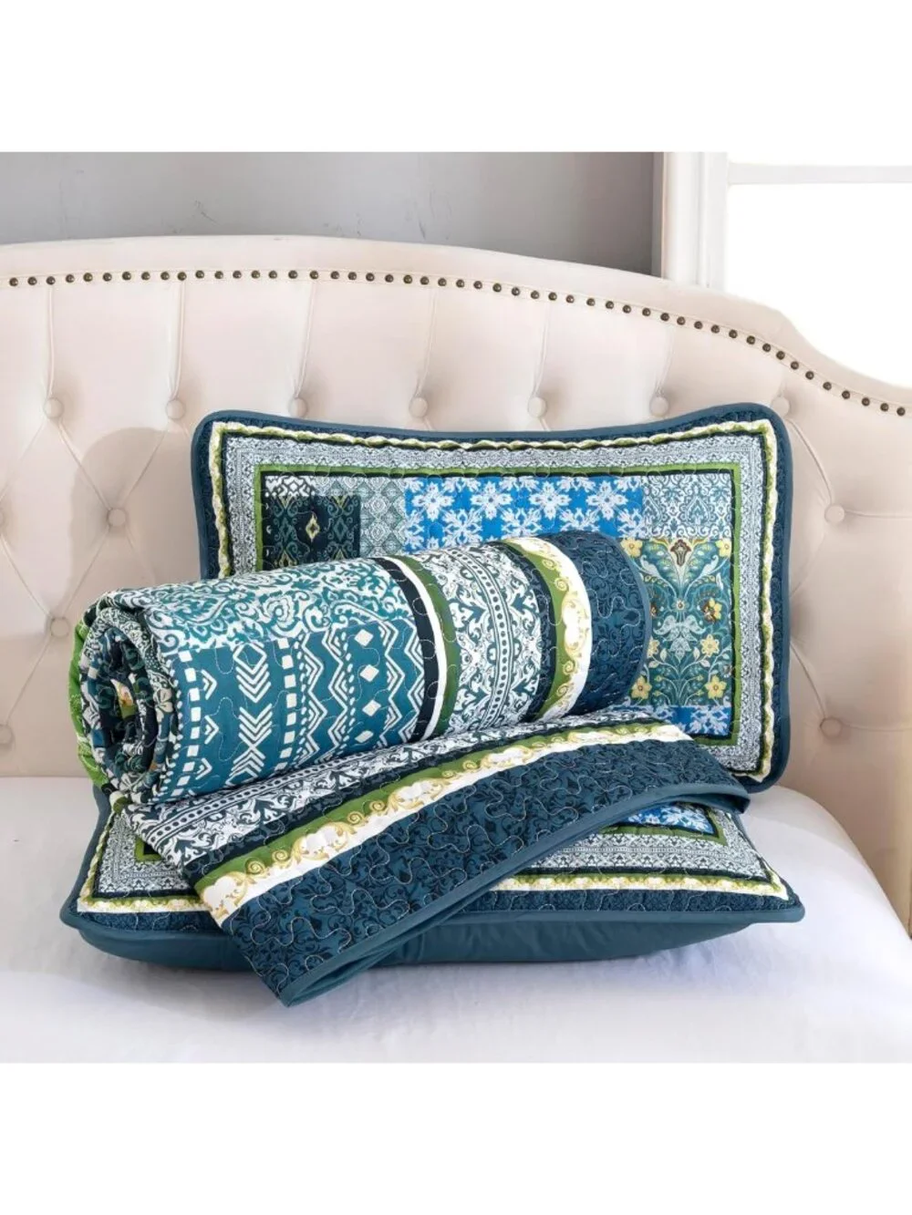 Boho Teal Patchwork Quilt Set, Reversible Lightweight Coverlet & 2 Pillow Shams